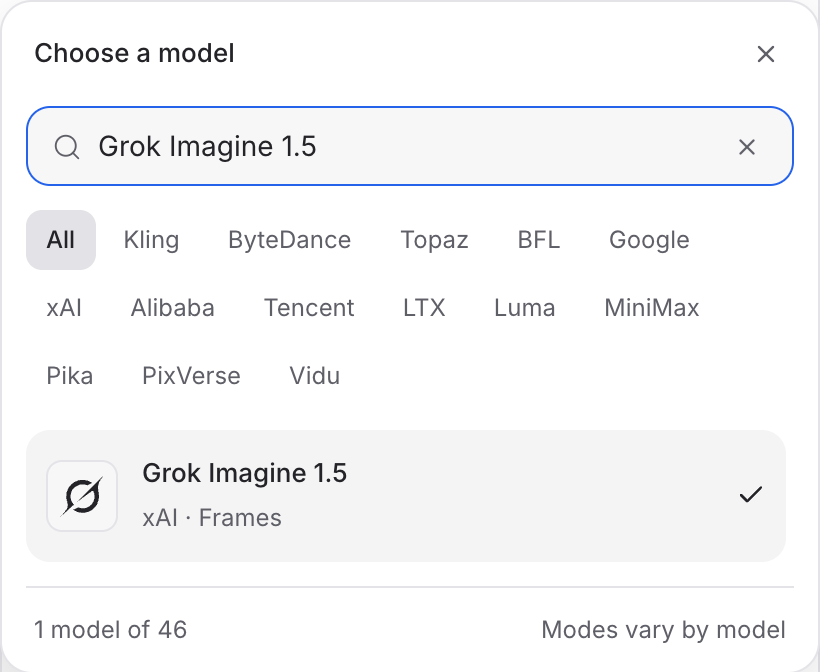 Mozify Grok Imagine 1.5: find the model in the picker