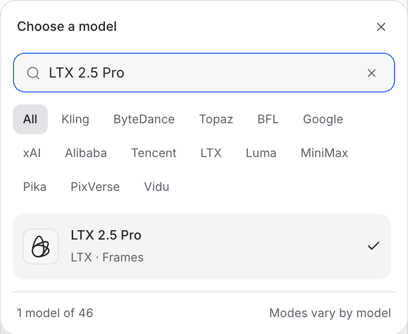 Mozify LTX 2.5 Pro: find the model in the picker
