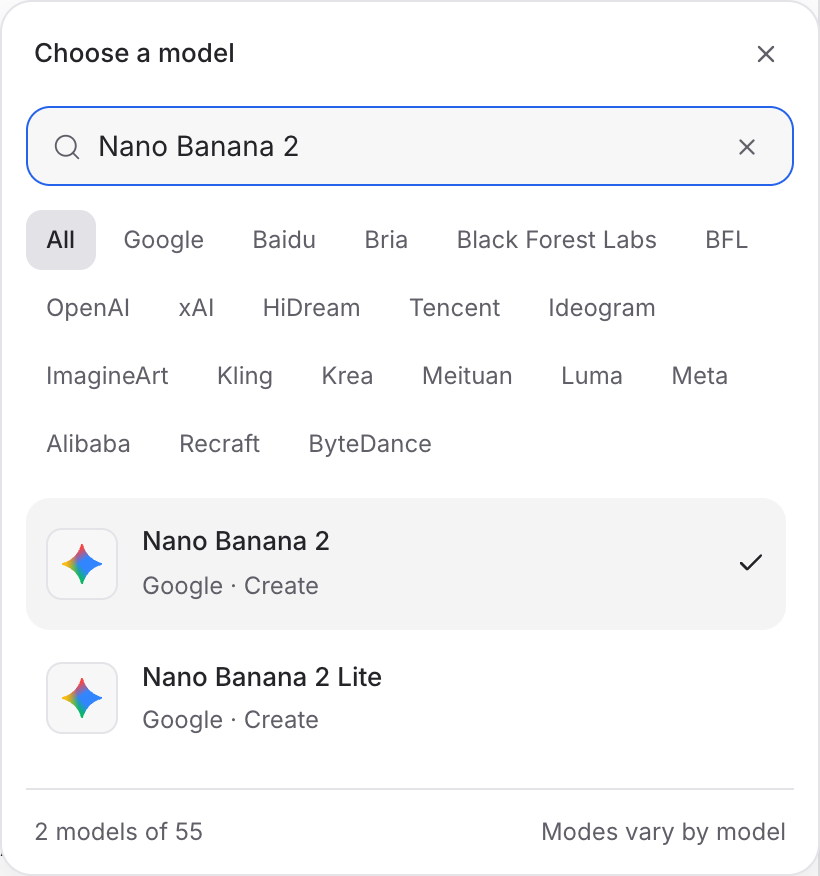 Mozify Nano Banana 2: find the model in the picker
