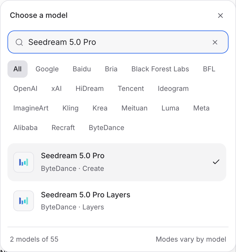 Mozify Seedream 5.0 Pro: find the model in the picker