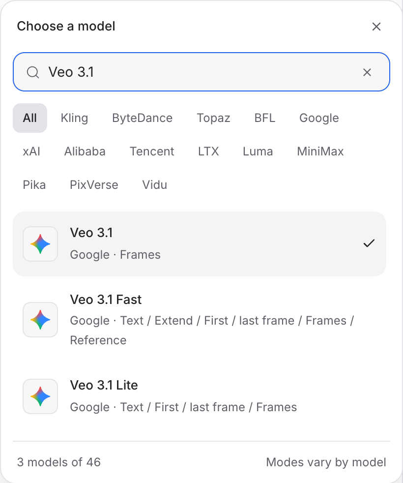 Mozify Veo 3.1: find the model in the picker