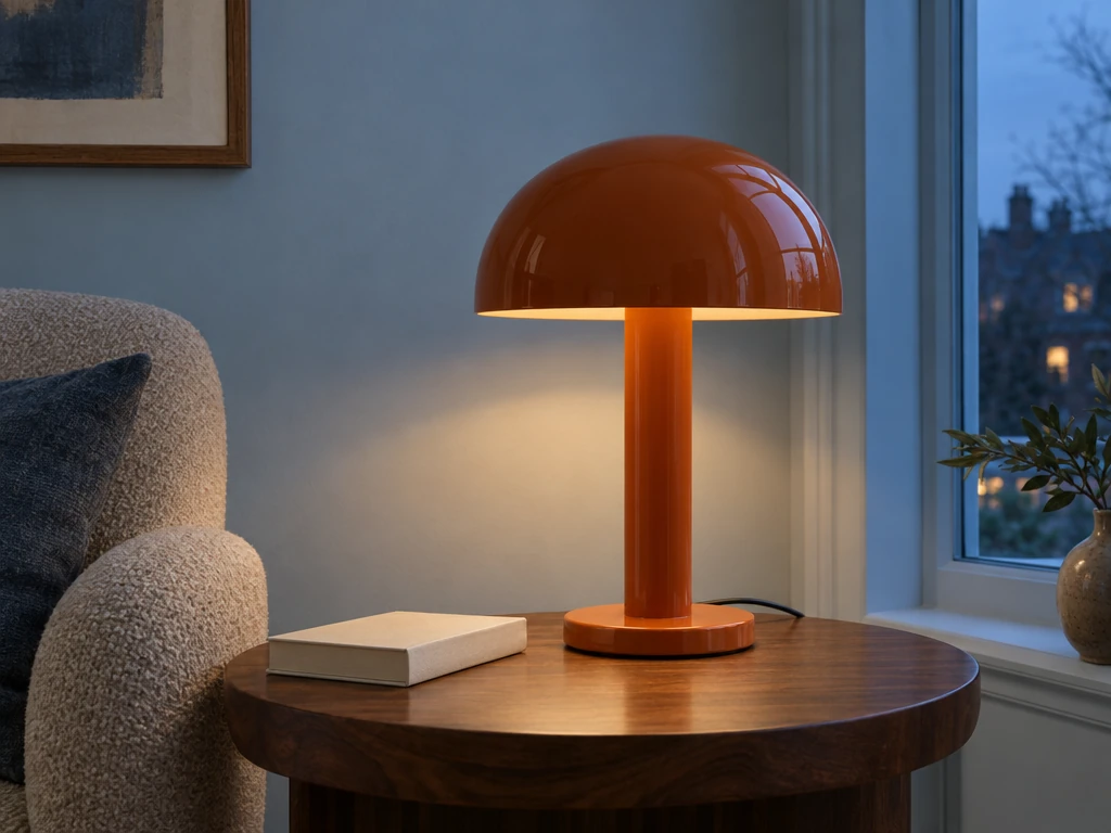 Orange mushroom lamp on a walnut side table in a blue evening room.