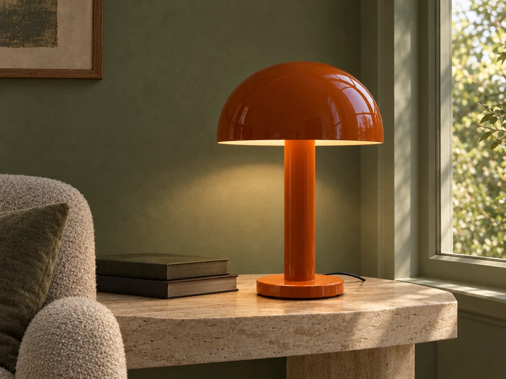 The reference edit changes the wall, table, books and daylight. The orange dome and stem remain the visual anchor.