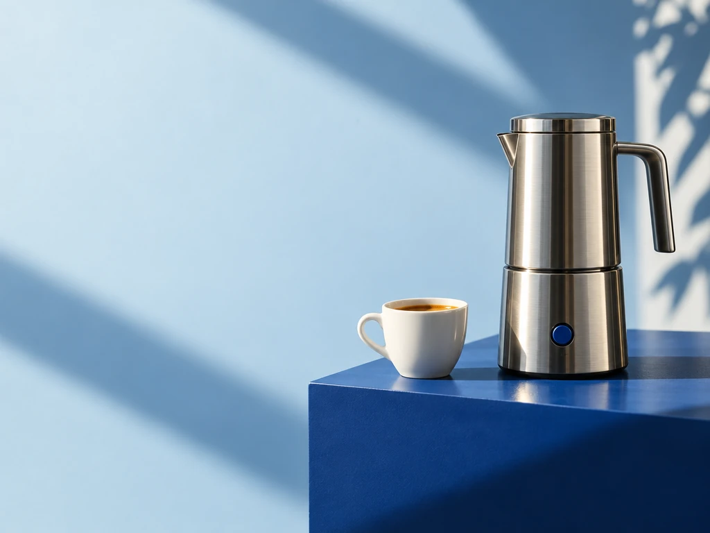 Brushed-steel espresso maker and a white cup on a cobalt plinth against pale blue.
