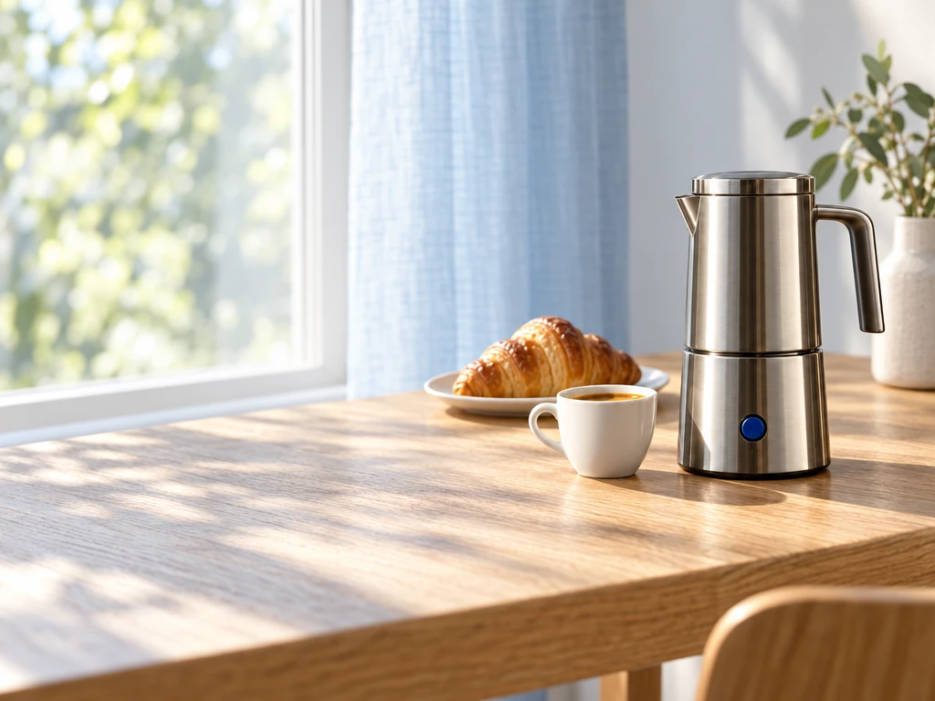 The edit places the supplied product beside a croissant in window light. Compare the blue control, metal body and cup with the source.