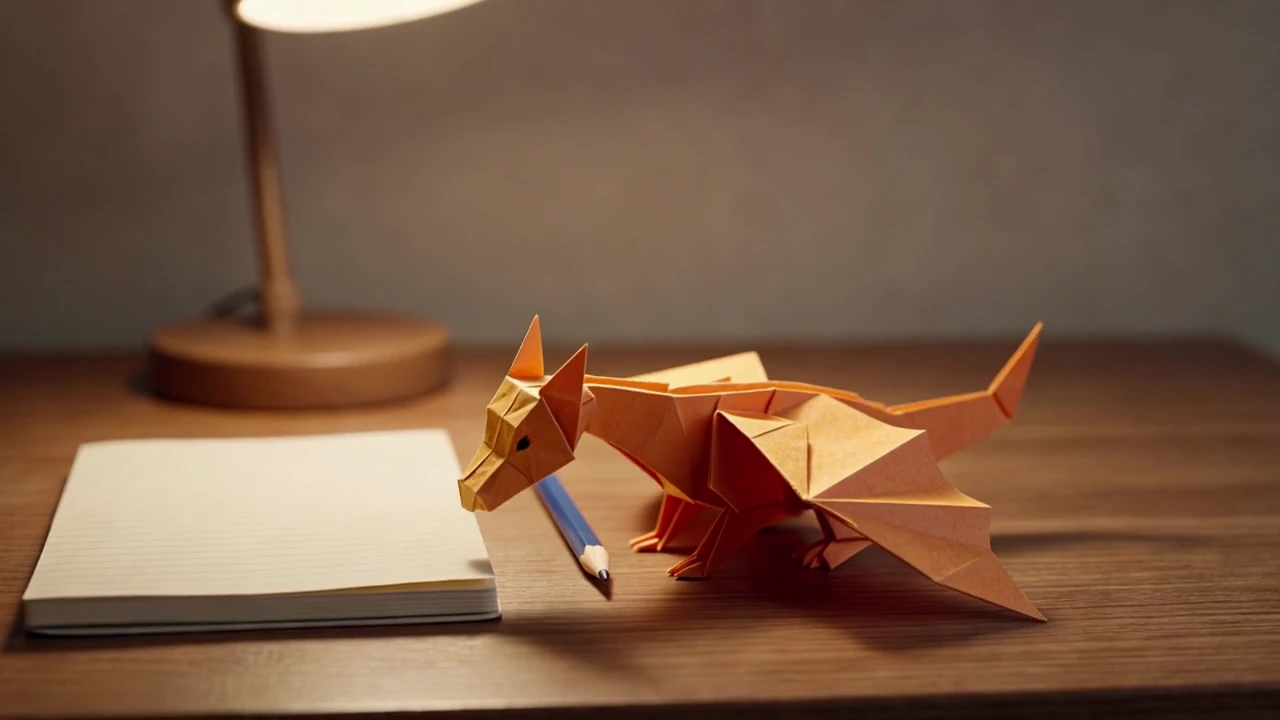 After its flight, the dragon returns to the desk and lowers its head, completing the small story.