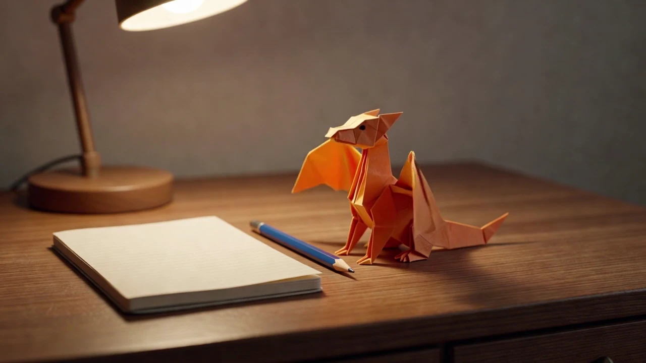 The opening gives the folded dragon a readable silhouette beside the notebook and lamp.