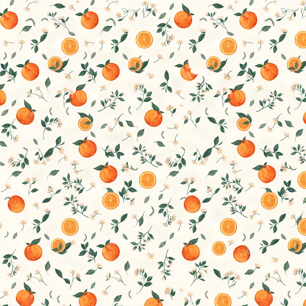 Painted orange citrus fruits, deep-green leaves and pale blossoms on ivory.