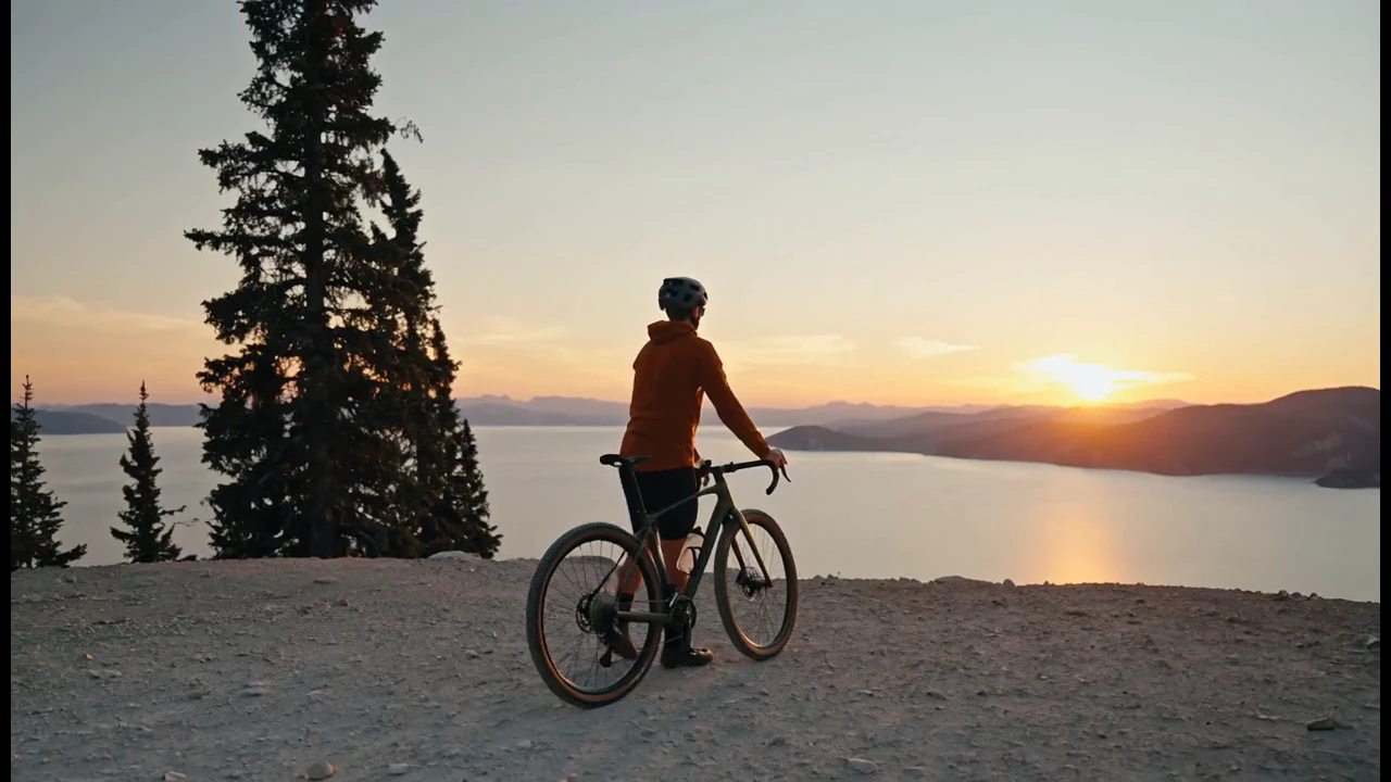 The closing view gives the rider and the audience a pause beside the water.