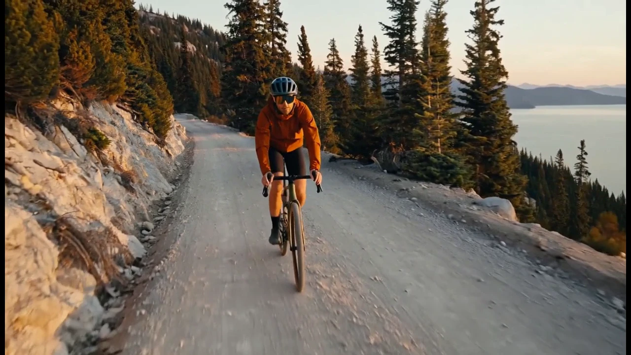 The opening tracks the rider on the gravel road, with the lake visible through the trees.