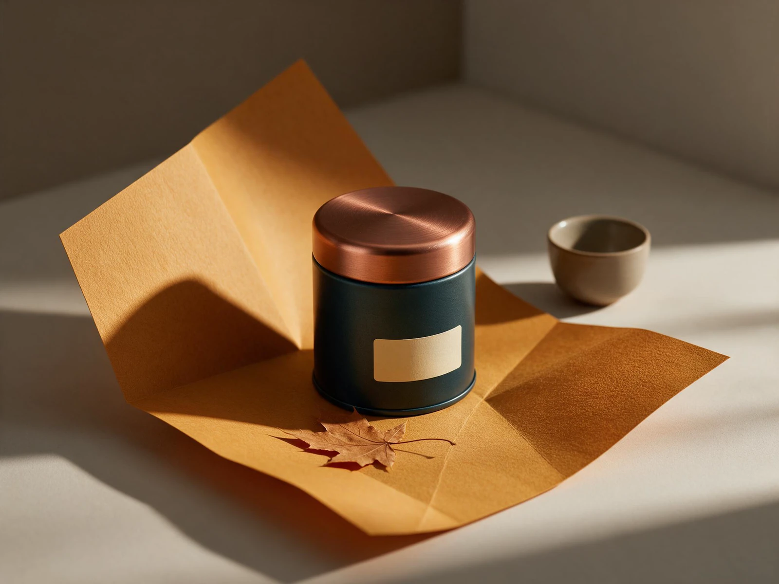 Teal tea tin with a copper lid, ochre paper and a small ceramic cup.
