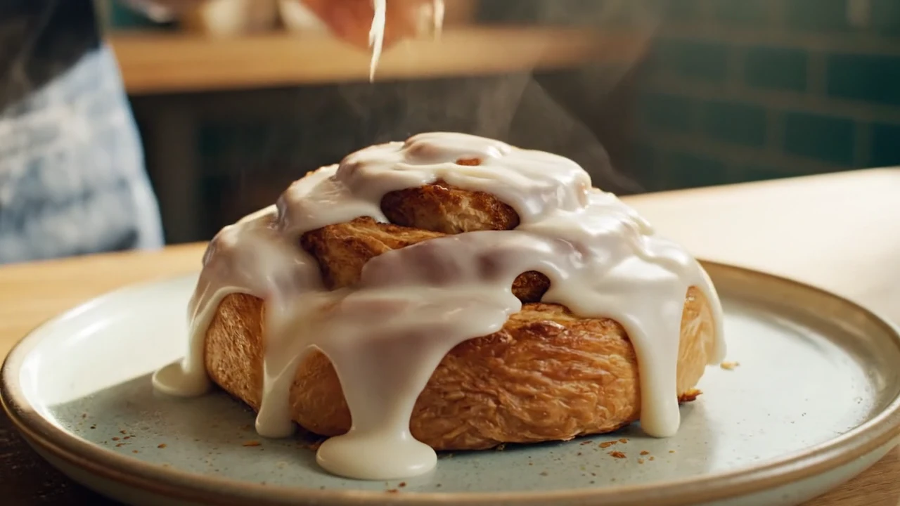 The second shot finishes with icing poured over the baked roll, bringing the preparation story to the plate.