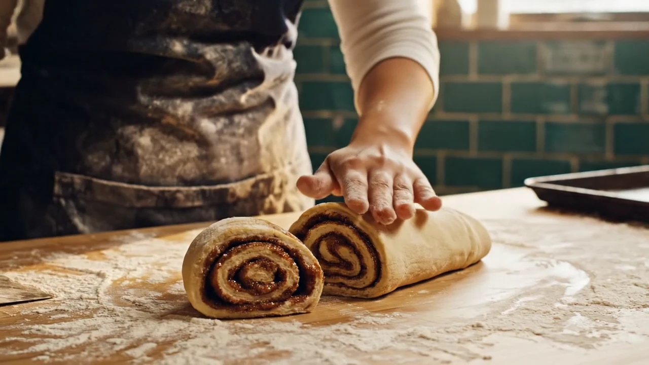 The first shot follows the dough, cutting and tray in the morning kitchen.