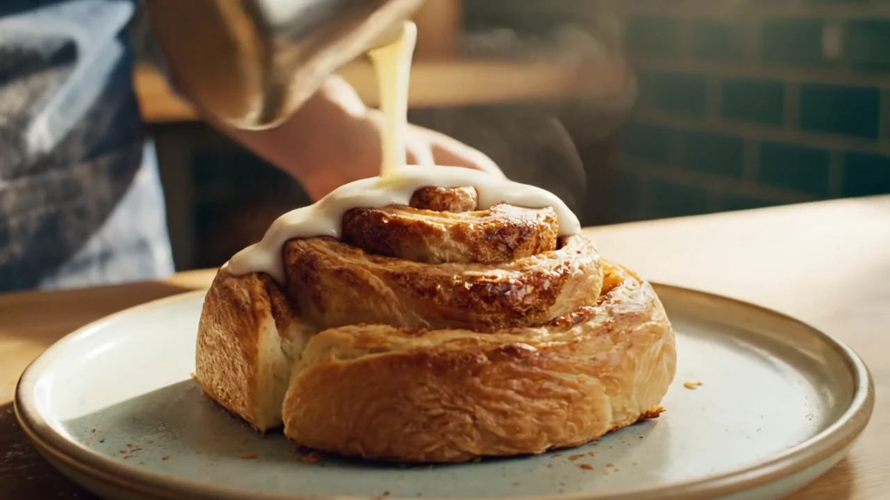 Follow a cinnamon roll from the baker’s workbench to warm icing on the plate. Two original eight-second Veo shots form a 16-second bakery film with generated speech and kitchen sound.