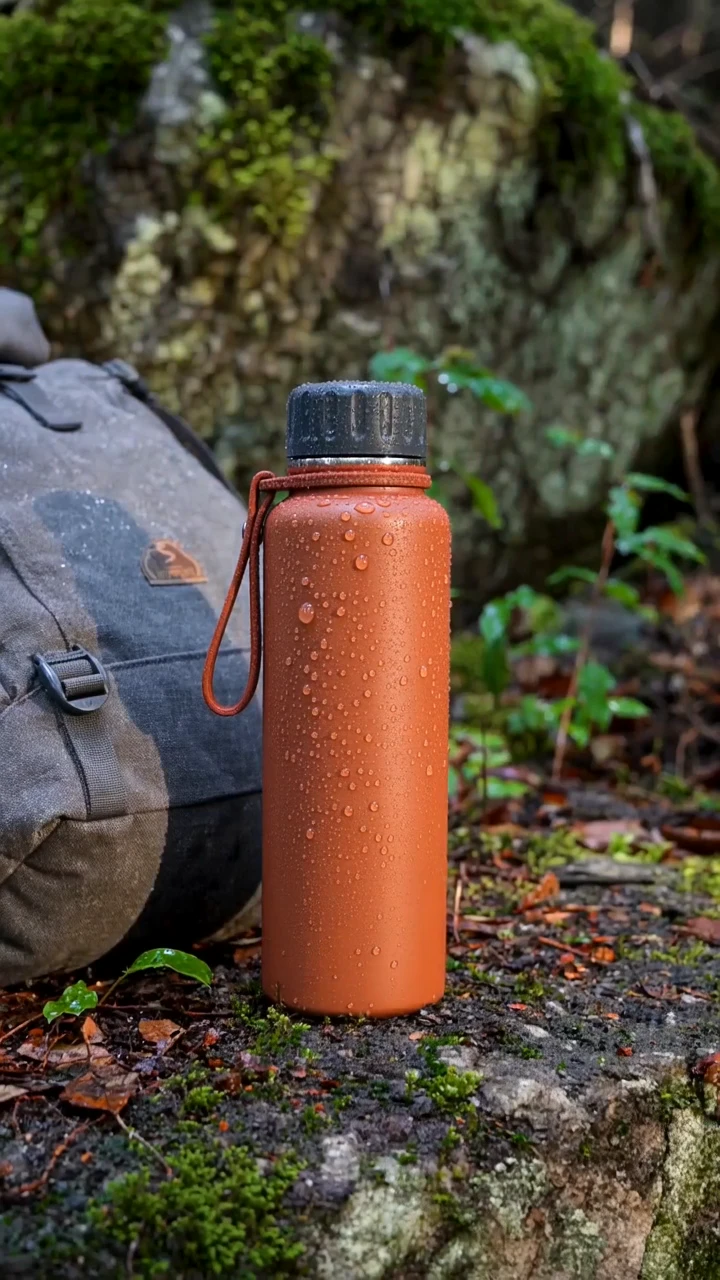 A terracotta bottle moves from a forest still life into the hiker’s hand, then onto the backpack. The 20-second vertical film ends with a walk down the trail and a generated closing voiceover.